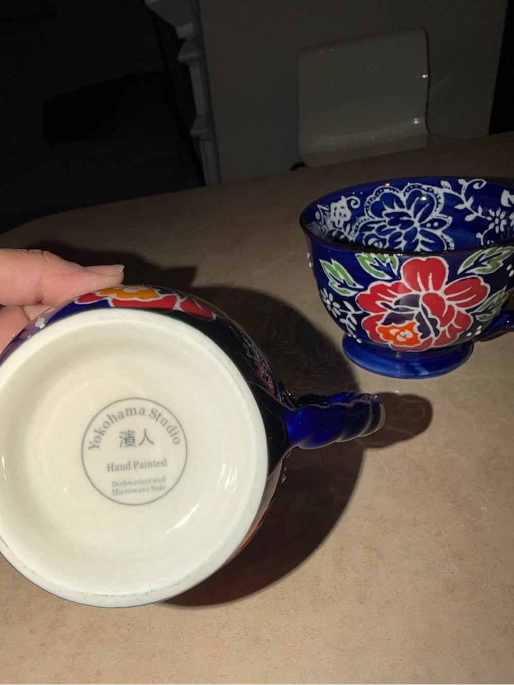 Hand-Painted Blue Floral Ceramic Mugs - Set of 2 - Picture 2 of 4